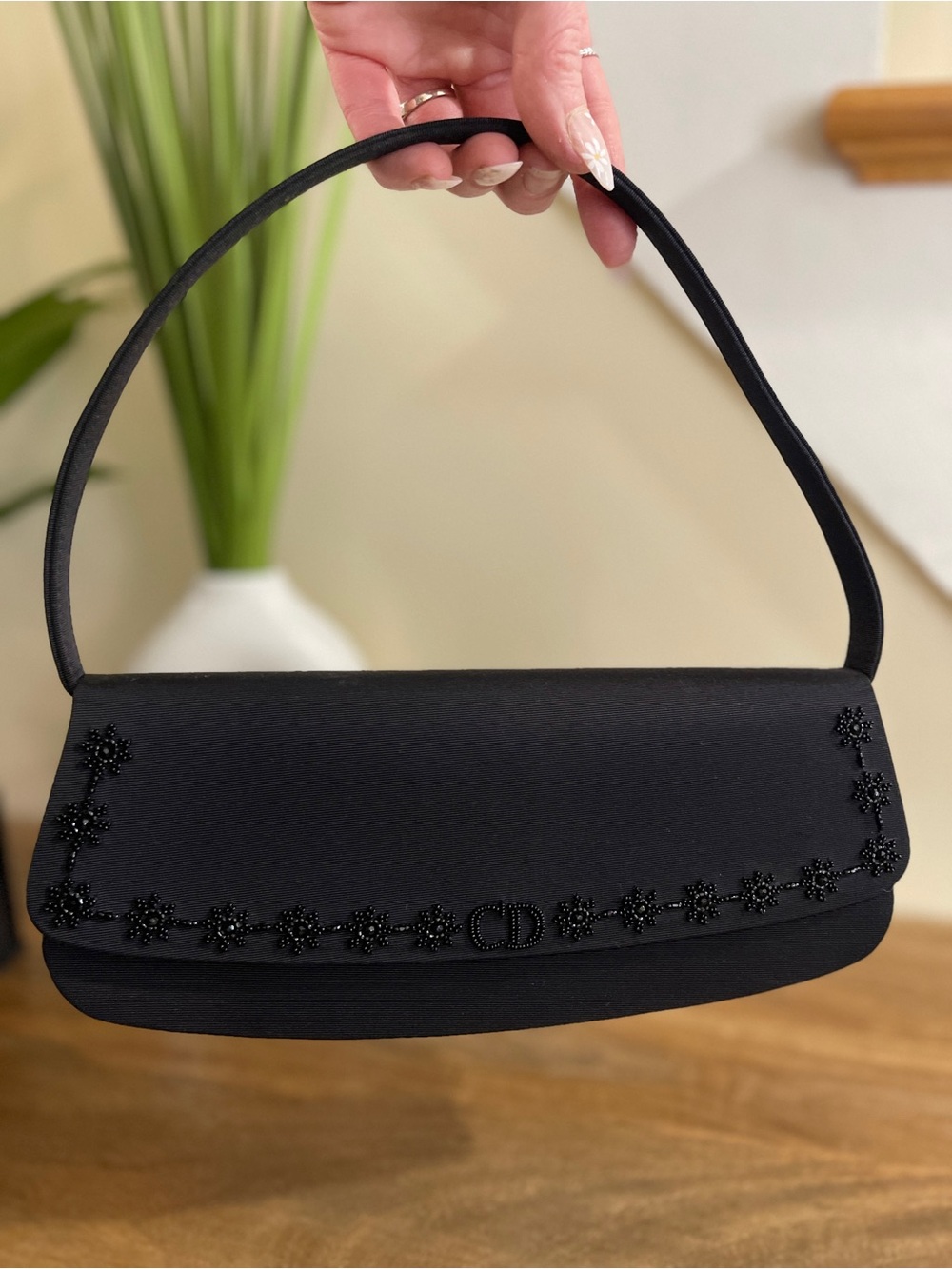 New Auth DIOR Rare Black Beaded Silk Shoulder Bag NWT Card + Tag Evening Bag